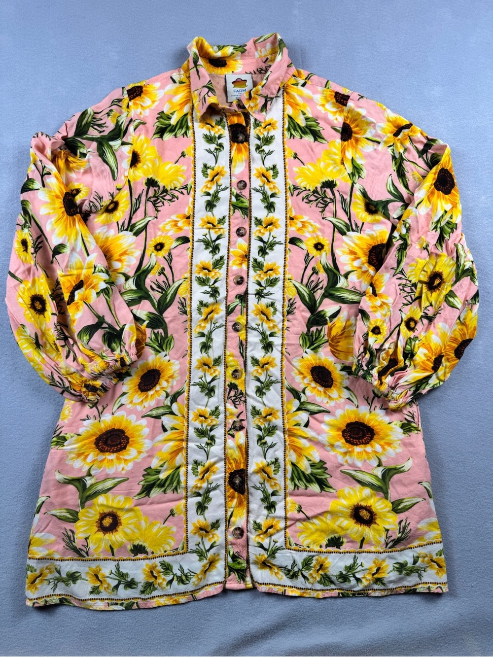 Farm Rio Anthropologie Long-Sleeve Button-Front Mini Dress Sunflower Size Medium